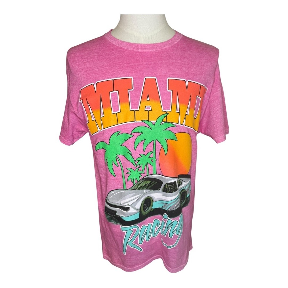 Miami Racing Graphic T-Shirt Palm Trees Sunset Pink Orange Mens Medium NWT